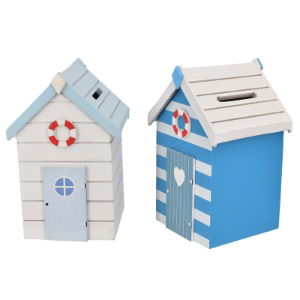 2ASSTD 15CM WOOD BEACH HUT MONEY BOX (4s